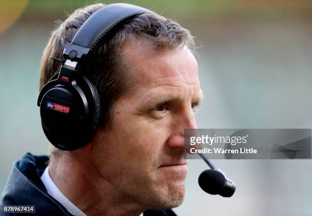 Will Greenwood, Sky Sports Commentator looks on prior to the Old Mutual Wealth Series match between England and Samoa at Twickenham Stadium on...