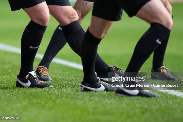 Rainbow Laces are seen being worn by the officials during the pre-match warm-up during the Premier League match between Crystal Palace and Stoke City...