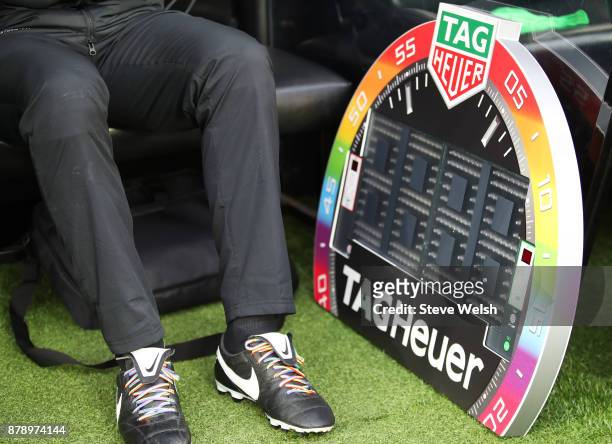 Detailed view of rainbow laces and the fourth official's board prior to the Premier League match between Newcastle United and Watford at St. James...