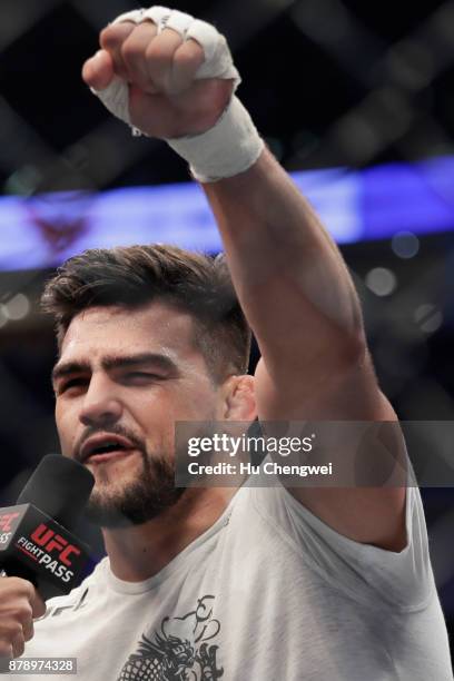 Kelvin Gastelum reacts during the UFC Fight Night at Mercedes-Benz Arena on November 25, 2017 in Shanghai, China.