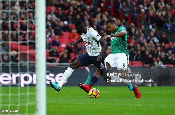 Jose Salomon Rondon of West Bromwich Albion scores his sides first goal as Davinson Sanchez of Tottenham Hotspr attempts to block during the Premier...