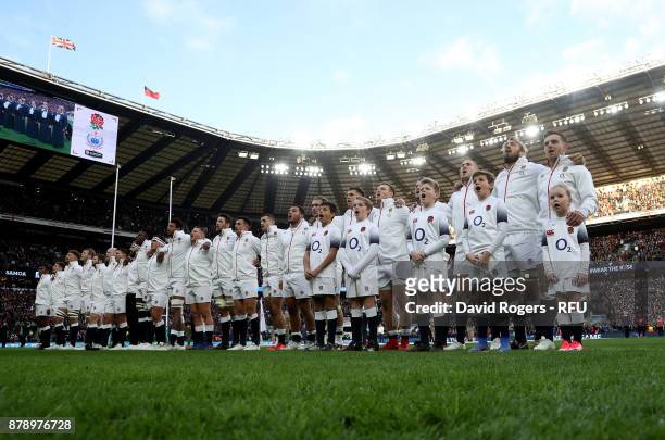 The England team line up prior to the Old Mutual Wealth Series match between England and Samoa at Twickenham Stadium on November 25, 2017 in London,...
