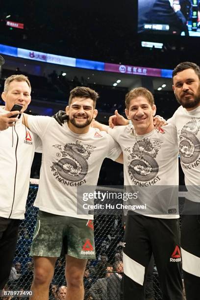 Kelvin Gastelum, 2nd left, poses for a photo with his team during the UFC Fight Night at Mercedes-Benz Arena on November 25, 2017 in Shanghai, China.