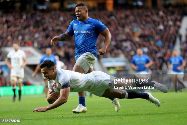 Alex Lozowski of England touches down for the second try during the Old Mutual Wealth Series match between England and Samoa at Twickenham Stadium on...