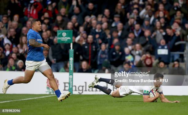 Alex Lozowski of England touches down for the second try during the Old Mutual Wealth Series match between England and Samoa at Twickenham Stadium on...
