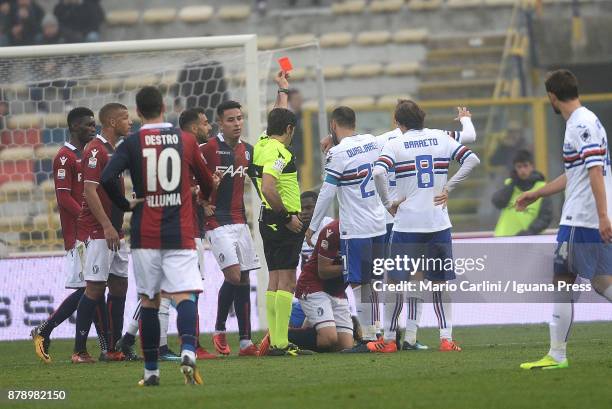 The referee show a red card to Vasilis Torosidis of Bologna FC for fouling as last man during the Serie A match between Bologna FC and UC Sampdoria...