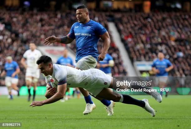 Alex Lozowski of England touches down for the second try during the Old Mutual Wealth Series match between England and Samoa at Twickenham Stadium on...