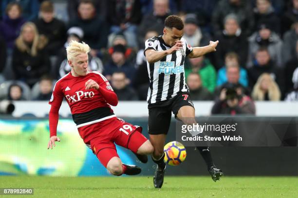 Will Hughes of Watford and Jacob Murphy of Newcastle United clash during the Premier League match between Newcastle United and Watford at St. James...