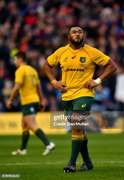 Sekope Kepu of Australia reacts to being shown a red card during the international match between Scotland and Australia at Murrayfield Stadium on...