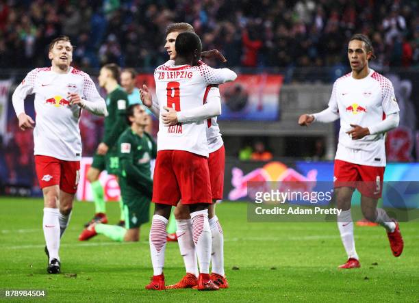 Naby Keita of RB Leipzig is congratulated by Timo Werner of RB Leipzig after scoring a goal during the Bundesliga match between RB Leipzig and SV...
