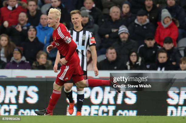 Will Hughes of Watford celebrates scoring his sides first goal during the Premier League match between Newcastle United and Watford at St. James Park...