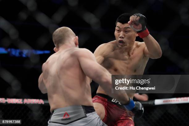 Li Jingliang fights with Zak Ottow during the UFC Fight Night at Mercedes-Benz Arena on November 25, 2017 in Shanghai, China.