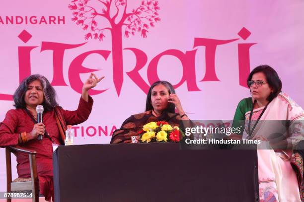 Author Sheela Reddy, Suparna Saraswati Puri moderator and Rakshanda Jalil during the session Lost and Found Reviling History and Culture at...