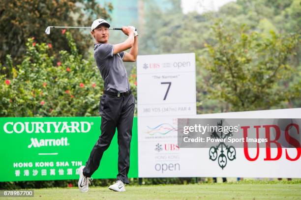 Haotong Li of China tees off during round three of the UBS Hong Kong Open at The Hong Kong Golf Club on November 25, 2017 in Hong Kong, Hong Kong.