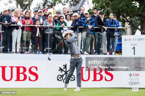 Dylan Frittelli of South Africa tees off during round three of the UBS Hong Kong Open at The Hong Kong Golf Club on November 25, 2017 in Hong Kong,...