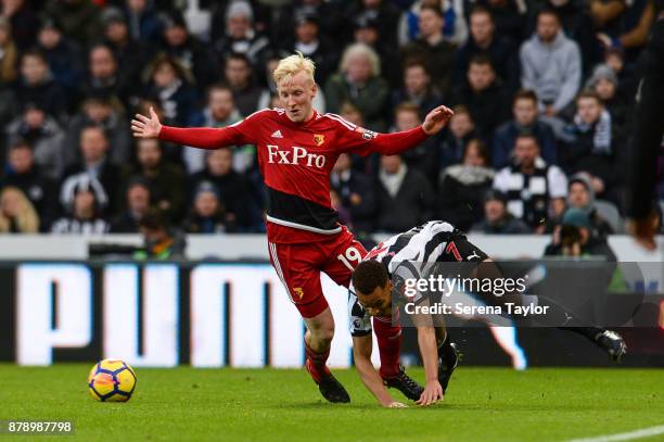 Jacob Murphy of Newcastle United is fouled by Will Hughes of Watford during the Premier League match between Newcastle United and Watford F.C. At...