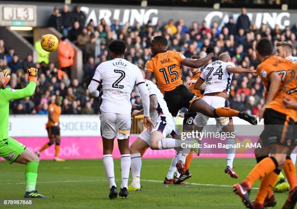 Willy Boly of Wolverhampton Wanderers scores a goal to make it 1-0 during the Sky Bet Championship match between Wolverhampton and Bolton Wanderers...