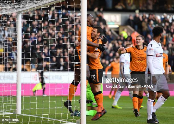 Willy Boly of Wolverhampton Wanderers celebrates after scoring a goal to make it 1-0 during the Sky Bet Championship match between Wolverhampton and...