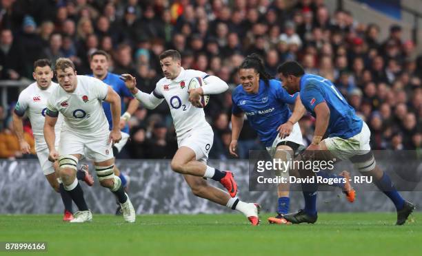 Jonny May of England makes a break during the Old Mutual Wealth Series match between England and Samoa at Twickenham Stadium on November 25, 2017 in...