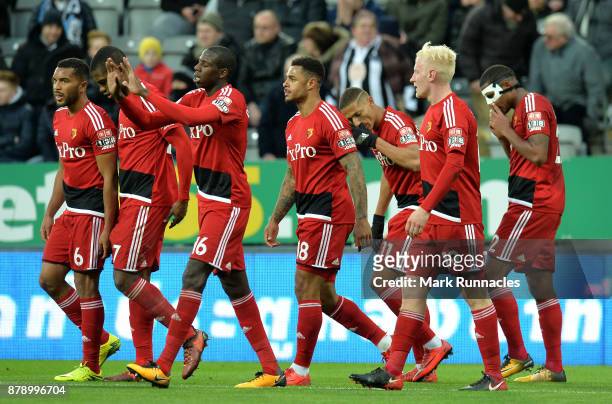 The Watford team celebrate there sides second goal as Deandre Yedlin of Newcastle United scored a own goal during the Premier League match between...