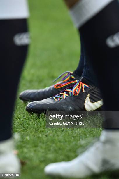 England's flanker Chris Robshaw wears rainbow shoe-laces at the autumn international rugby union test match between England and Samoa at Twickenham...