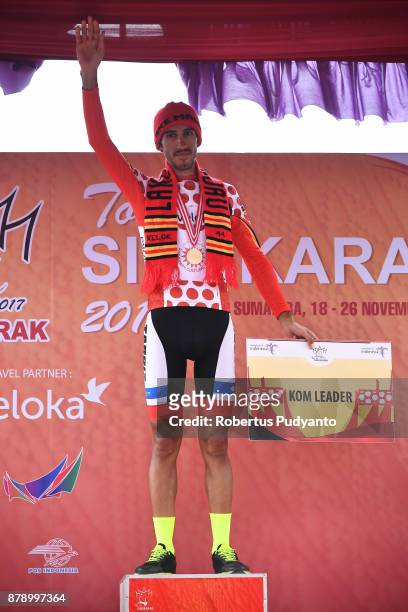 Polkadot jersey winner Khalil Khorsid of Tabriz Shahrdary Team Iran celebrates on the podium during stage 8 of the Tour de Singkarak 2017, Padang...