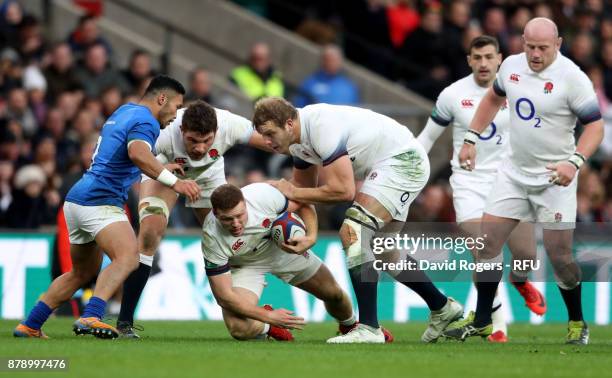 Sam Simmonds of England is stopped just short of the try line during the Old Mutual Wealth Series match between England and Samoa at Twickenham...