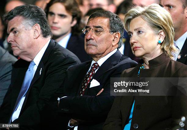 Rep. Peter King , CIA Director Leon Panetta, and Secretary of State Hillary Rodham Clinton listen as President Barack Obama makes a speech at the...