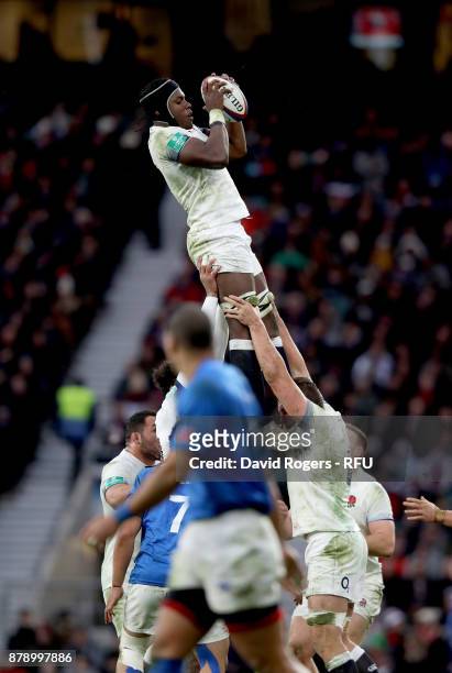 Maro Itoje of England wins a lineout ball during the Old Mutual Wealth Series match between England and Samoa at Twickenham Stadium on November 25,...