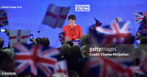 Democratic Unionist Party leader Arlene Foster gives her leader's speech during the annual DUP party conference at La Mon House on November 25, 2017...