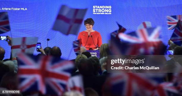 Democratic Unionist Party leader Arlene Foster gives her leader's speech during the annual DUP party conference at La Mon House on November 25, 2017...