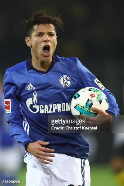 Amine Harit of Schalke celebrates after he scored a goal to make it 2:4 during the Bundesliga match between Borussia Dortmund and FC Schalke 04 at...