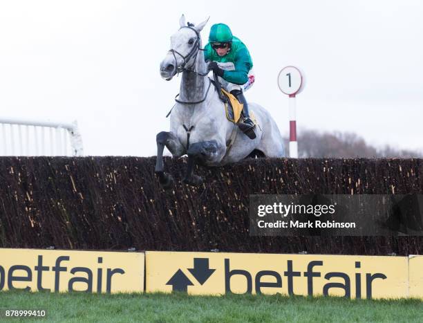 Bristol De Mai ridden by Daryl Jaob jumps the last fence to win the Betfair Chase on November 25, 2017 in Haydock, England.