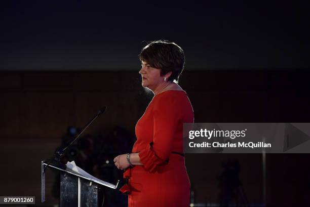 Democratic Unionist Party leader Arlene Foster gives her leader's speech during the annual DUP party conference at La Mon House on November 25, 2017...