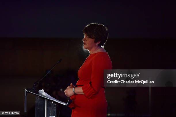 Democratic Unionist Party leader Arlene Foster gives her leader's speech during the annual DUP party conference at La Mon House on November 25, 2017...