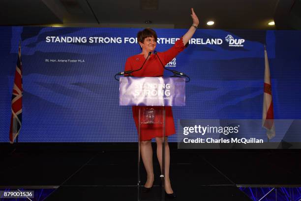 Democratic Unionist Party leader Arlene Foster gives her leader's speech during the annual DUP party conference at La Mon House on November 25, 2017...