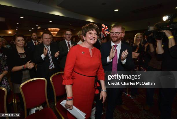 Democratic Unionist Party leader Arlene Foster is given a standing ovation after delivering her leader's speech during the annual DUP party...