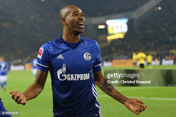 Naldo of Schalke celebrates after he scored a goal to make it 4:4 during the Bundesliga match between Borussia Dortmund and FC Schalke 04 at Signal...