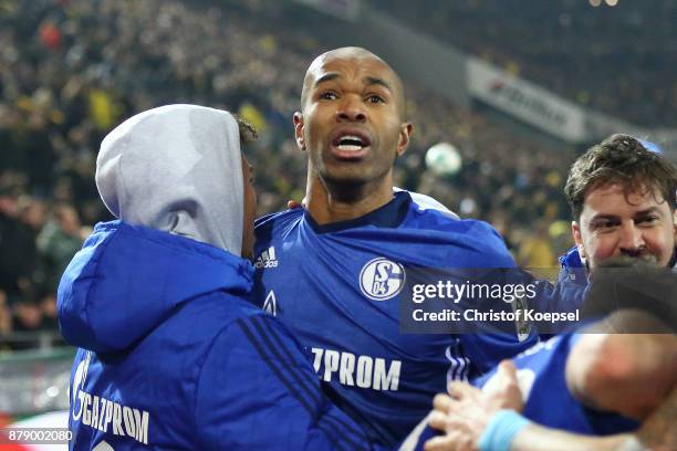 Naldo of Schalke celebrates after he scored a goal to make it 4:4 during the Bundesliga match between Borussia Dortmund and FC Schalke 04 at Signal...