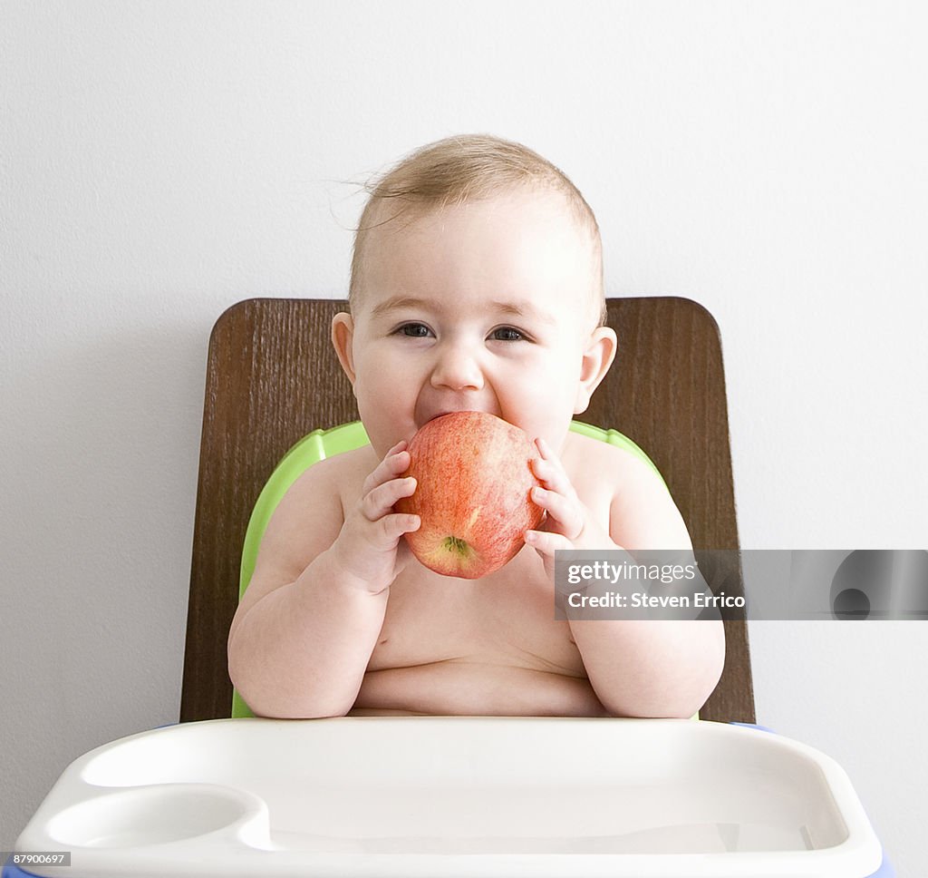 Chubby baby girl (6-9 months) eating apple.