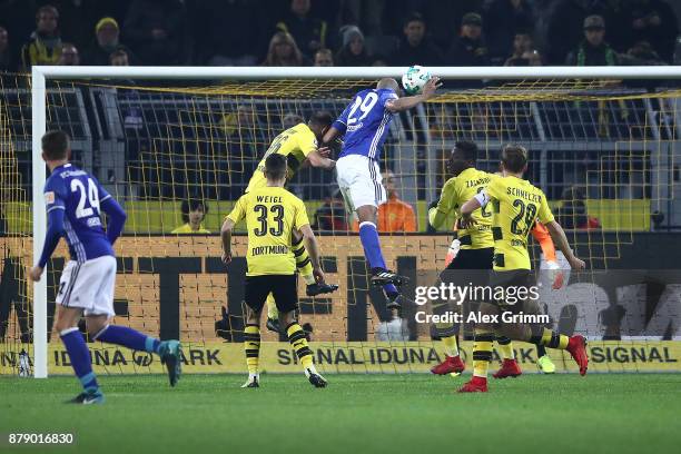 Naldo of Schalke scores a goal to make it 4:4 during the Bundesliga match between Borussia Dortmund and FC Schalke 04 at Signal Iduna Park on...
