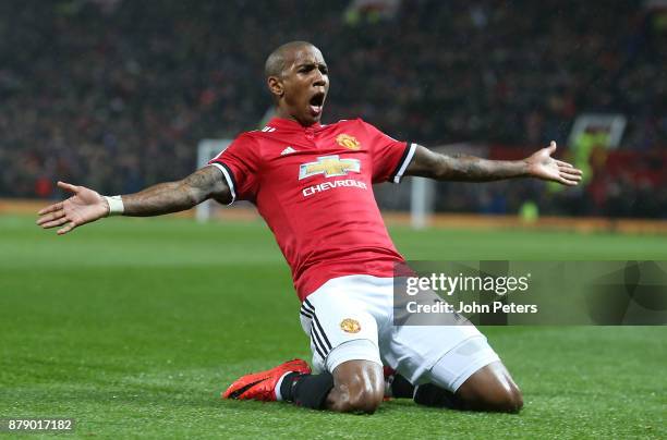 Ashley Young of Manchester United celebrates scoring their first goal during the Premier League match between Manchester United and Brighton and Hove...