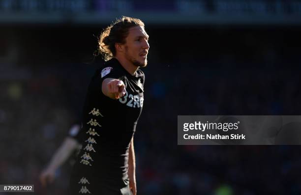 Luke Ayling of Leeds United gives instructions to his team mates during the Sky Bet Championship match between Barnsley and Leeds United at Oakwell...