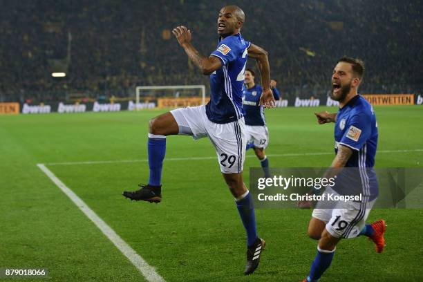 Naldo of Schalke celebrates after he scored a goal to make it 4:4 with Guido Burgstaller of Schalke during the Bundesliga match between Borussia...