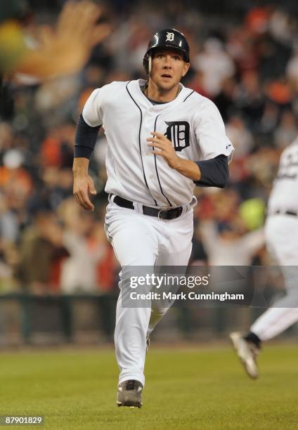 Clete Thomas of the Detroit Tigers runs the bases against the Oakland Athletics during the game at Comerica Park on May 16, 2009 in Detroit,...