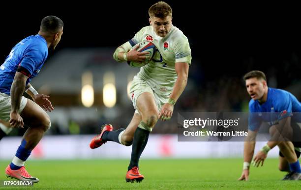 Henry Slade of England breaks on the way to score his sides fifth try during the Old Mutual Wealth Series match between England and Samoa at...