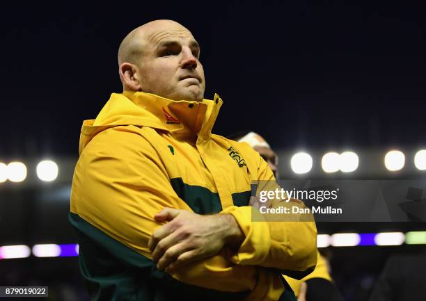 Stephen Moore of Australia looks on after the international match between Scotland and Australia at Murrayfield Stadium on November 25, 2017 in...