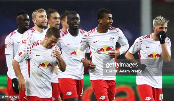 Bernardo of RB Leipzig is congratluated after scoring the second goal during the Bundesliga match between RB Leipzig and SV Werder Bremen at Red Bull...