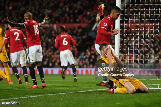 Shane Duffy of Brighton and Hove Albion misses a chance during the Premier League match between Manchester United and Brighton and Hove Albion at Old...