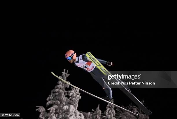 Manuel Fettner of Austria during the HS142 ski jumping competition at FIS World Cup Ruka Nordic at Ruka Stadium on November 25, 2017 in Kuusamo,...